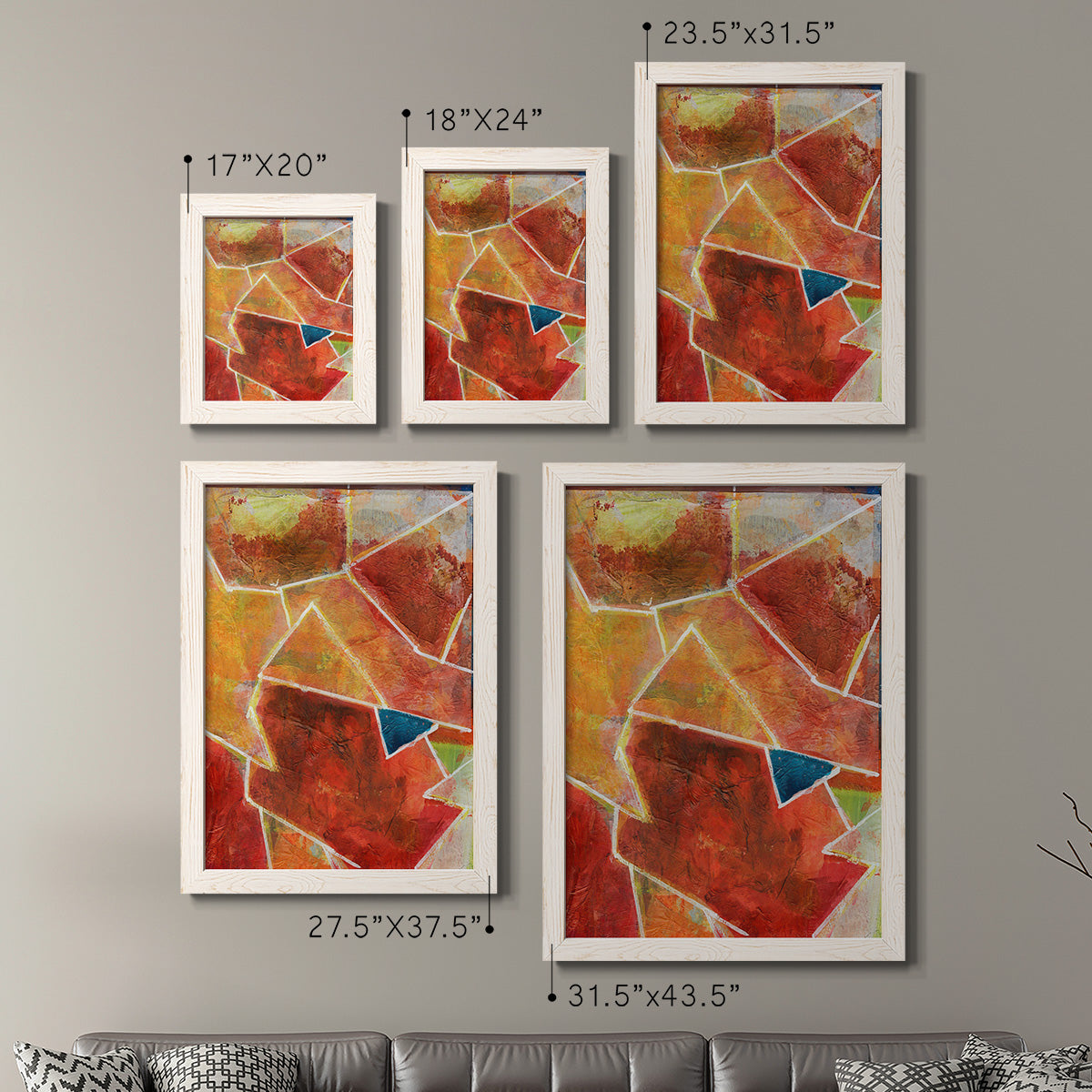 Size comparison chart for a set of two white barnwood framed canvas prints.