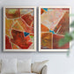 Set of two white barnwood framed canvas prints depicting white dividing lines, small turquoise accents, and layered painted texture arranged across two complementary compositions above a sofa in a bright living space.