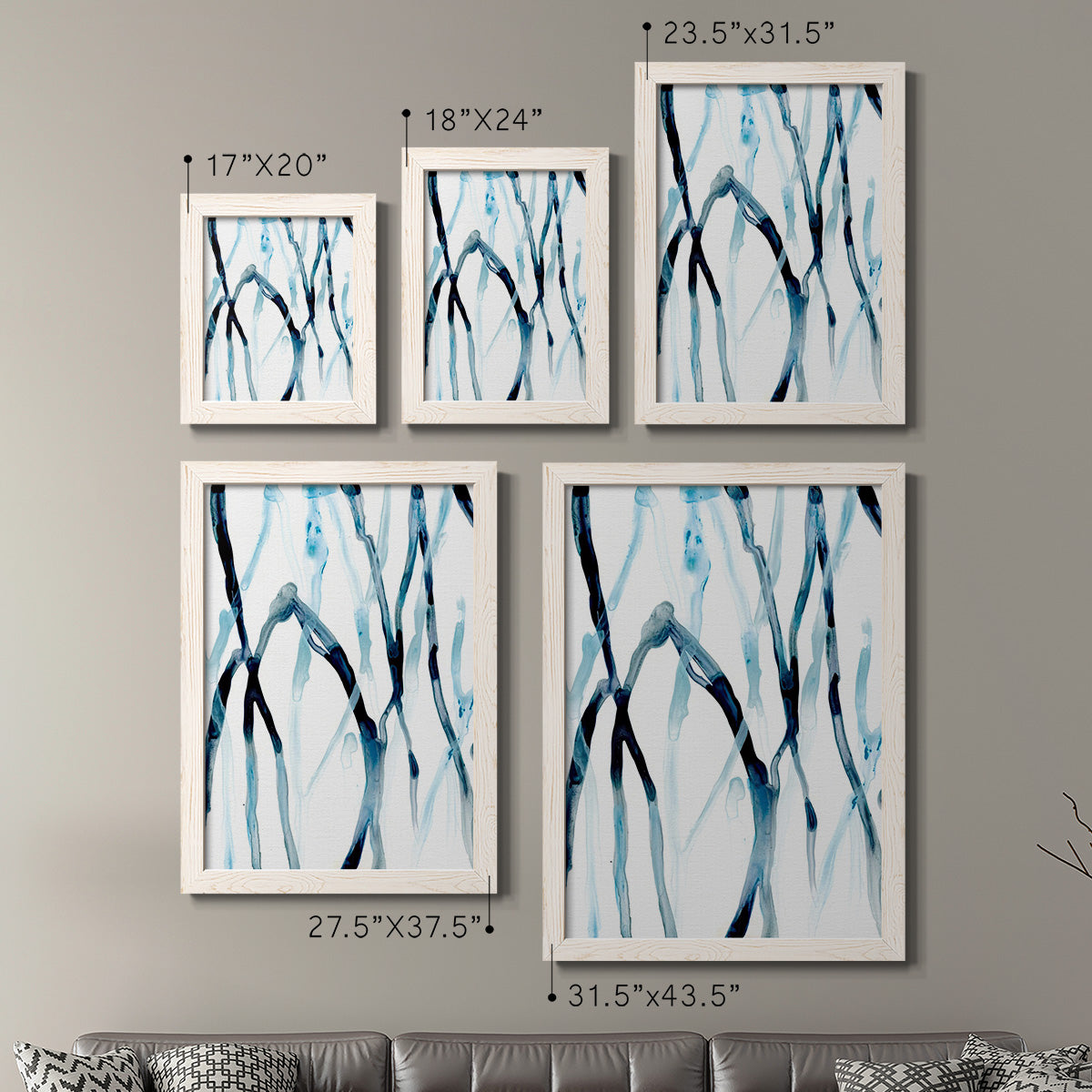 Size comparison chart for a set of two white barnwood framed canvas prints.