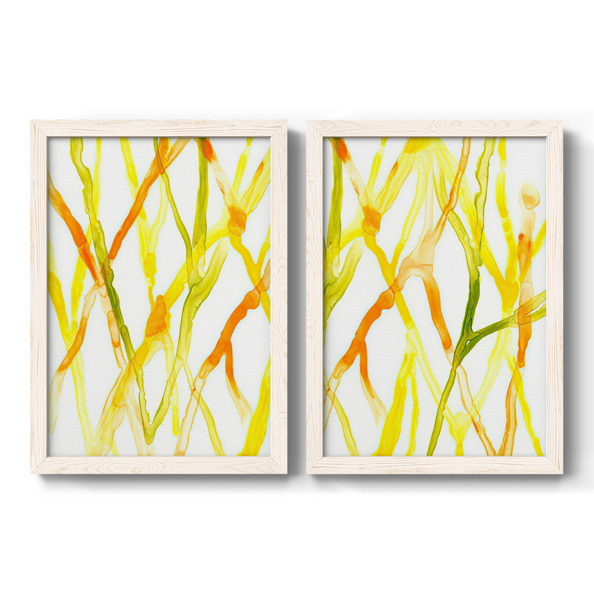 Set of two white barnwood framed canvas prints featuring two fluid organic abstracts featuring branching watercolor lines drifting across white.