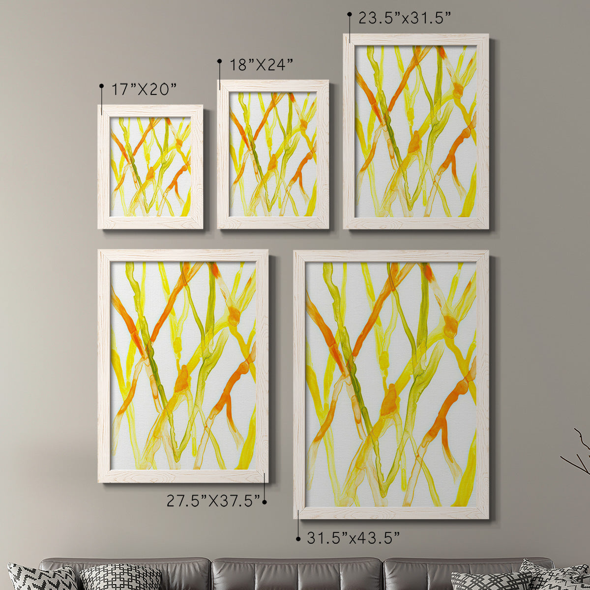 Size comparison chart for a set of two white barnwood framed canvas prints.
