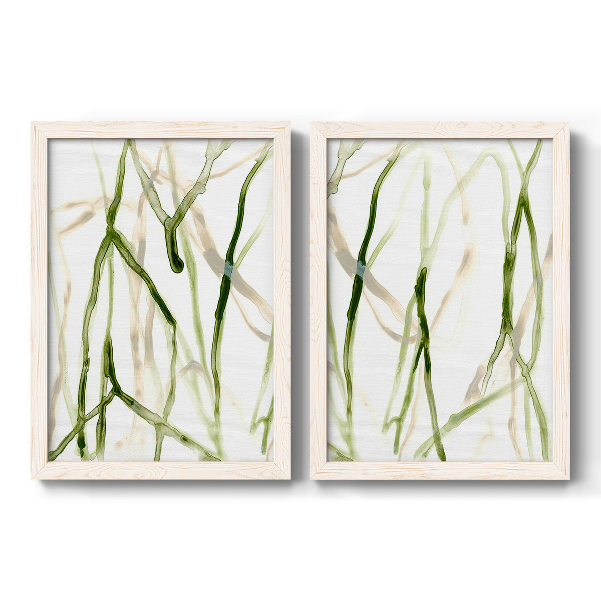 Set of two white barnwood framed canvas prints featuring two fluid organic abstracts featuring branching watercolor lines drifting across white.
