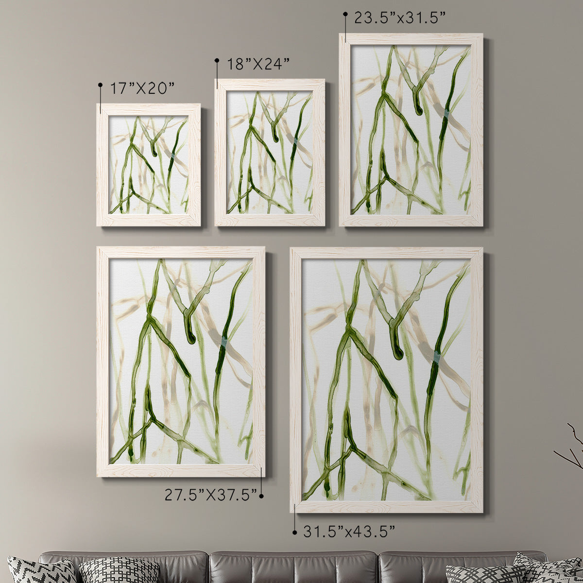 Size comparison chart for a set of two white barnwood framed canvas prints.