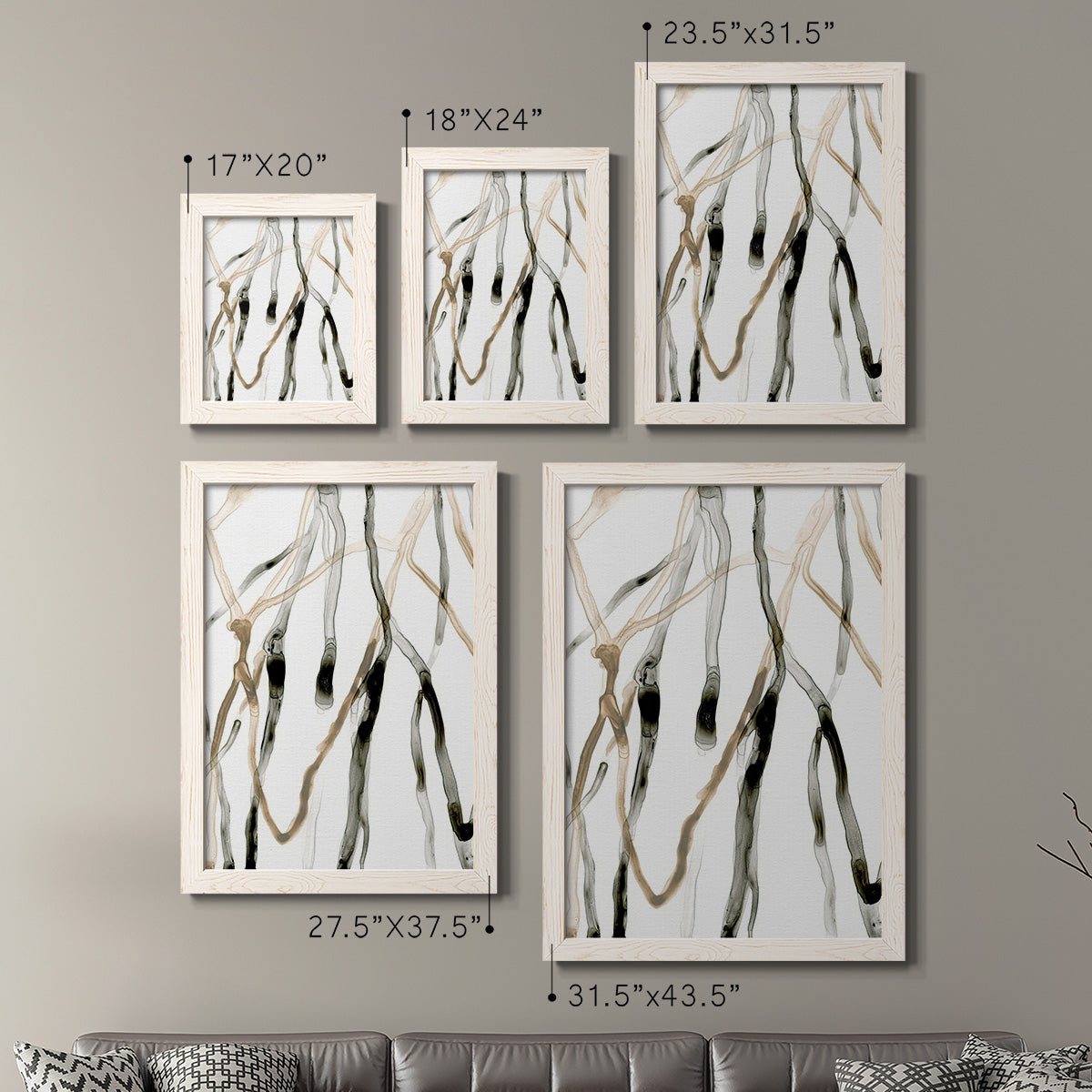 Size comparison chart for a set of two white barnwood framed canvas prints.
