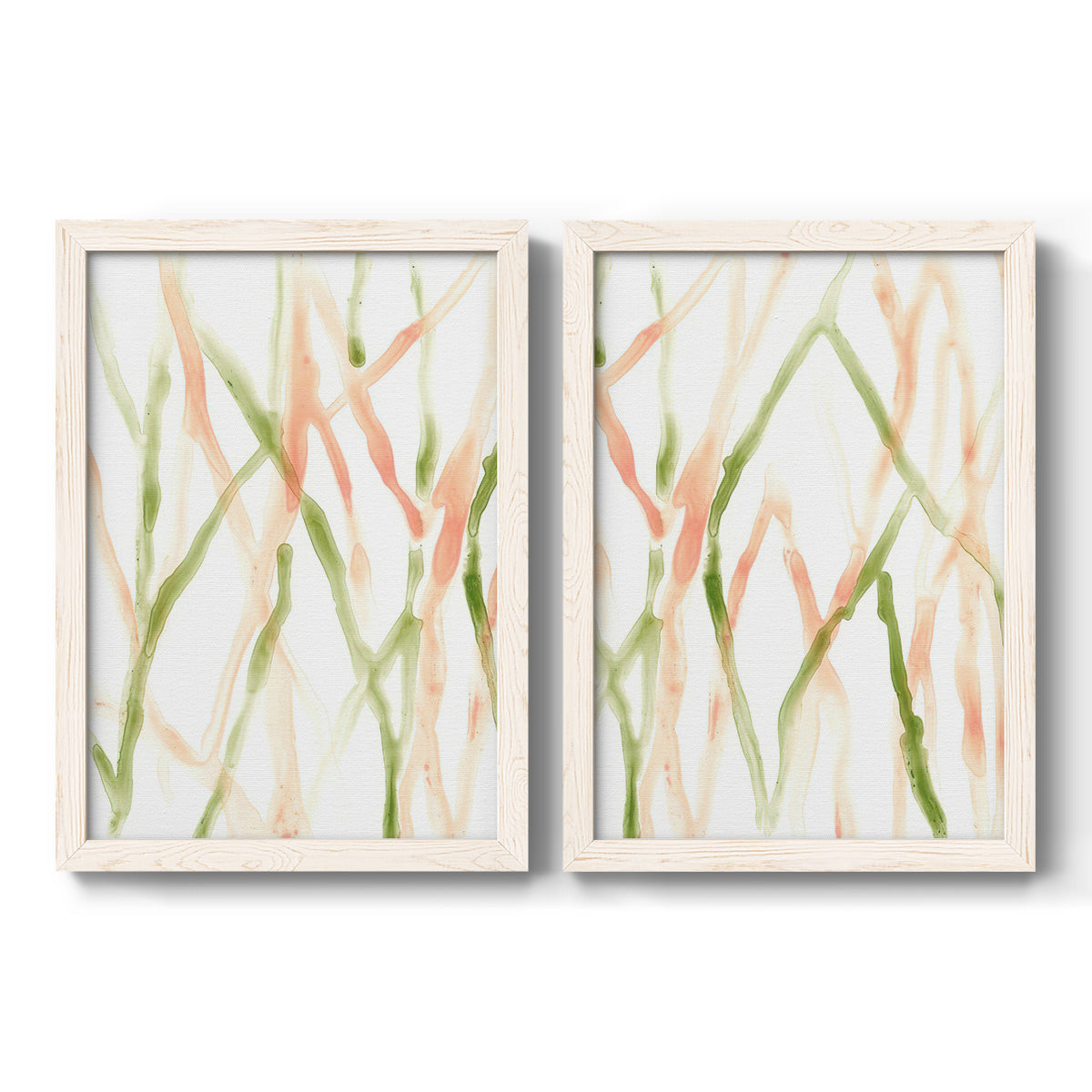 Set of two white barnwood framed canvas prints featuring two fluid organic abstracts featuring branching watercolor lines drifting across white.
