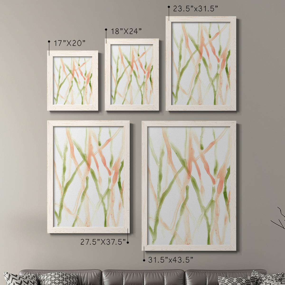 Size comparison chart for a set of two white barnwood framed canvas prints.