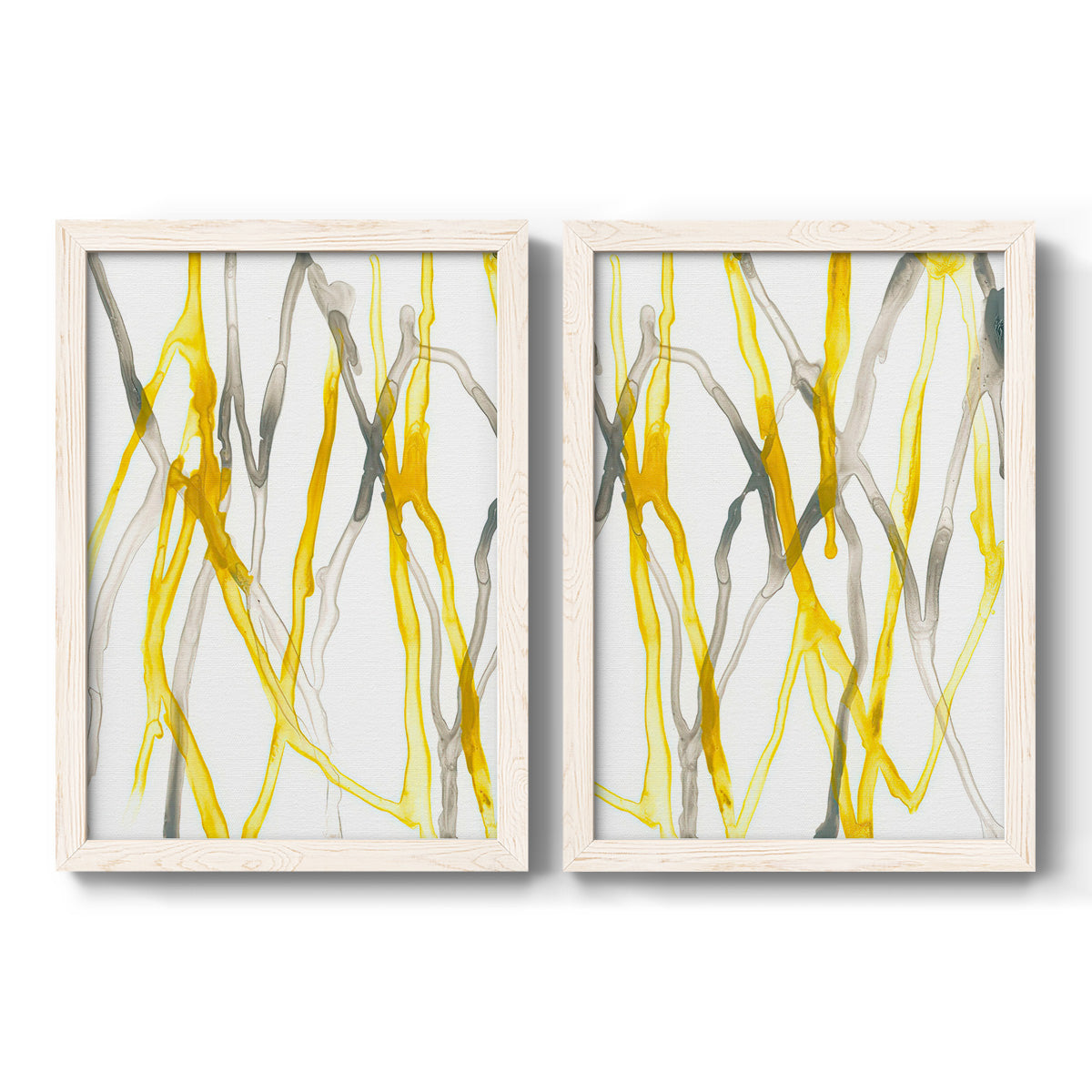 Set of two white barnwood framed canvas prints featuring two fluid organic abstracts featuring branching watercolor lines drifting across white.