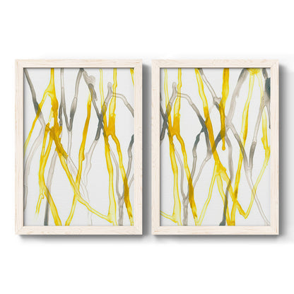 Set of two white barnwood framed canvas prints featuring two fluid organic abstracts featuring branching watercolor lines drifting across white.