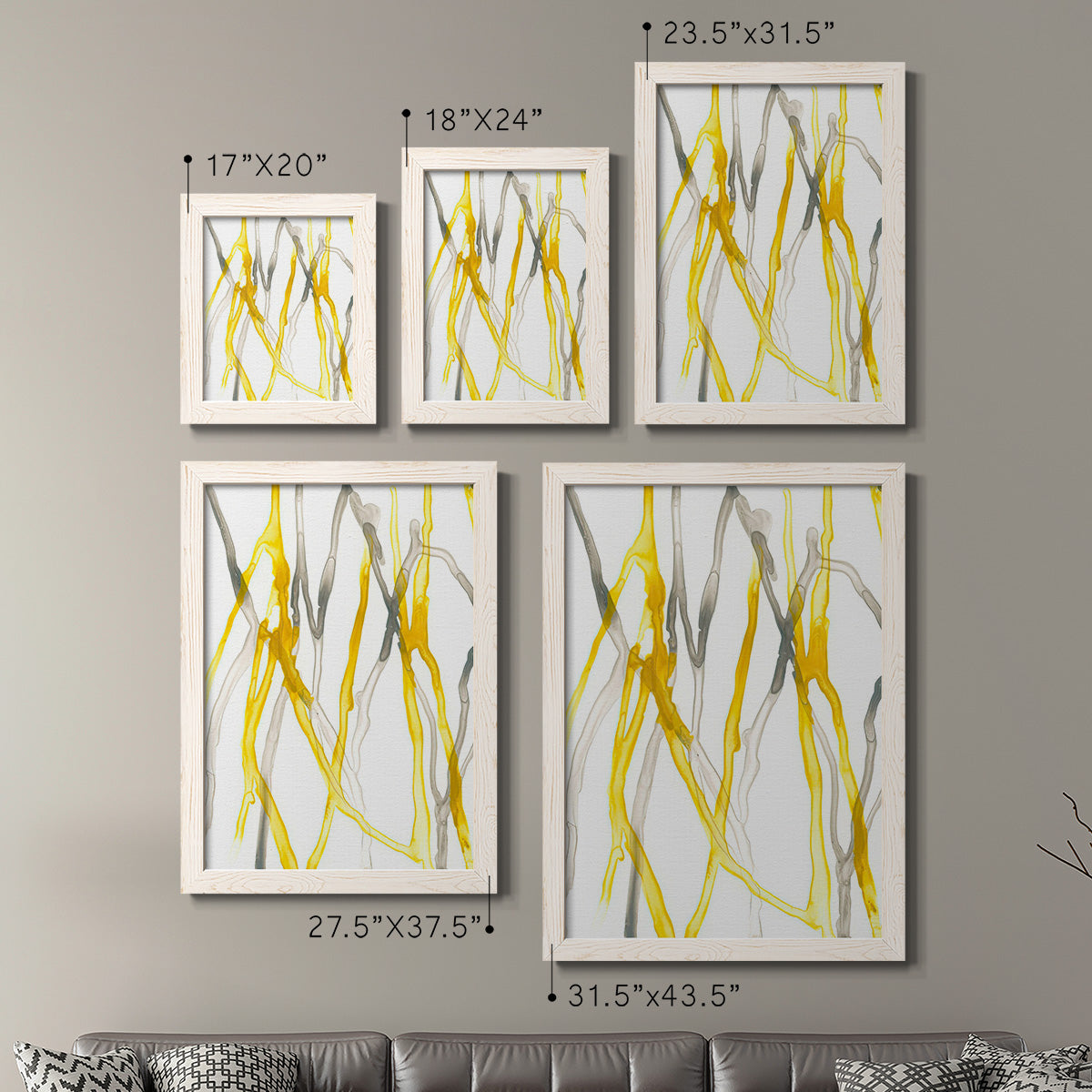Size comparison chart for a set of two white barnwood framed canvas prints.