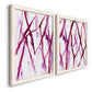 Angled view of a set of two white barnwood framed canvas prints featuring two fluid organic abstracts featuring branching watercolor lines drifting across white.