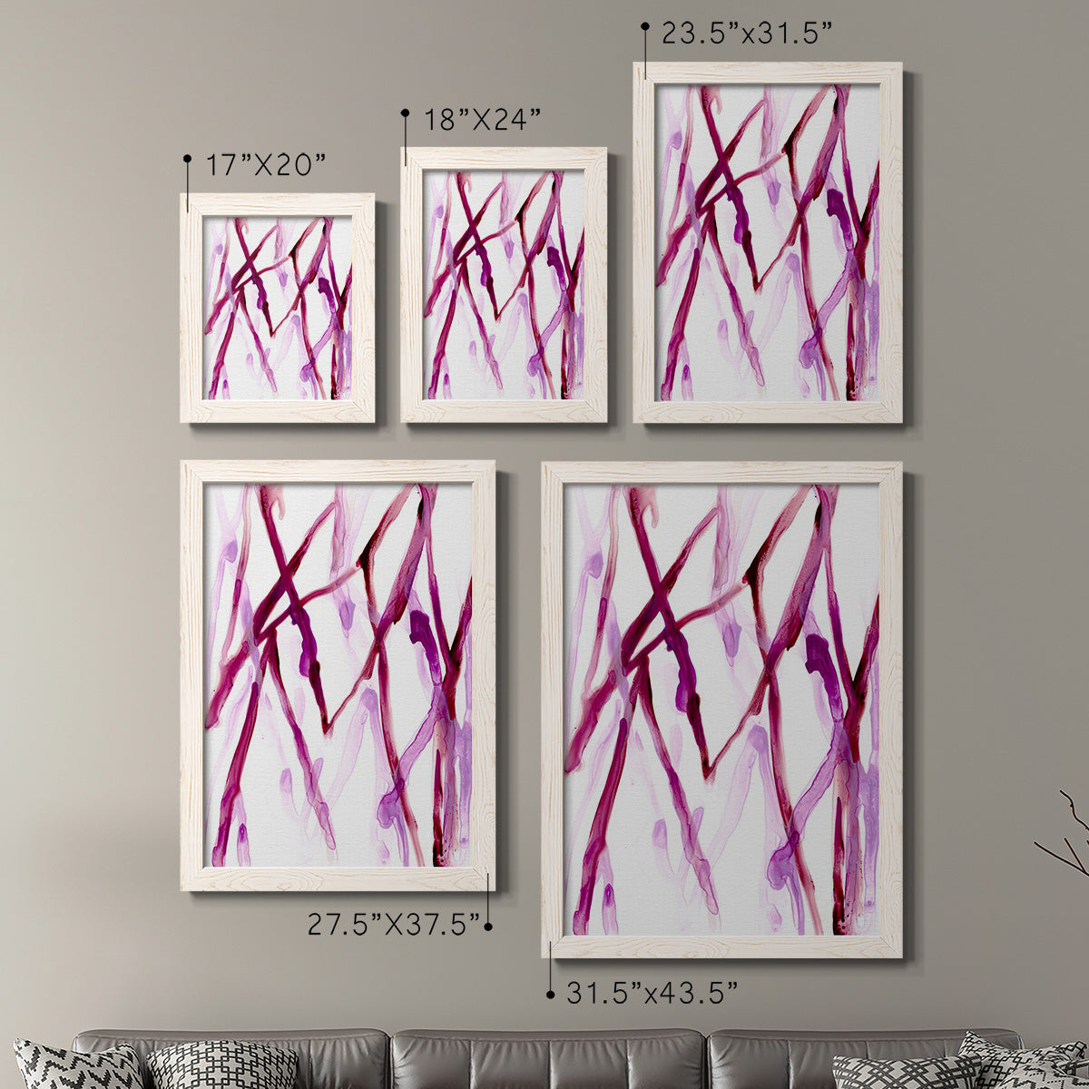 Size comparison chart for a set of two white barnwood framed canvas prints.