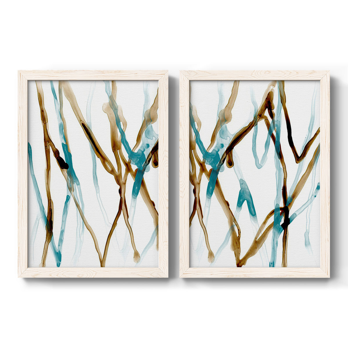 Set of two white barnwood framed canvas prints featuring two fluid abstracts with branching turquoise and brown lines drifting across white backgrounds.