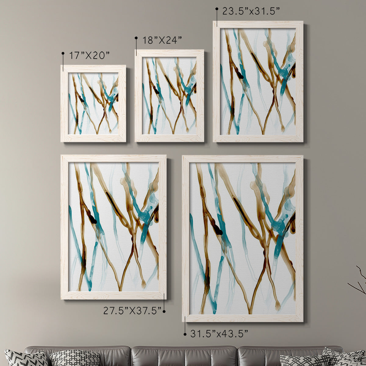 Size comparison chart for a set of two white barnwood framed canvas prints.