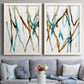 Set of two white barnwood framed canvas prints depicting delicate runnels of teal and earth tones creating loose branchlike patterns across two panels above a sofa in a contemporary living room.