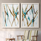 Set of two white barnwood framed canvas prints depicting two fluid abstracts with branching turquoise and brown lines drifting across white backgrounds above a sideboard in a cozy sitting room.