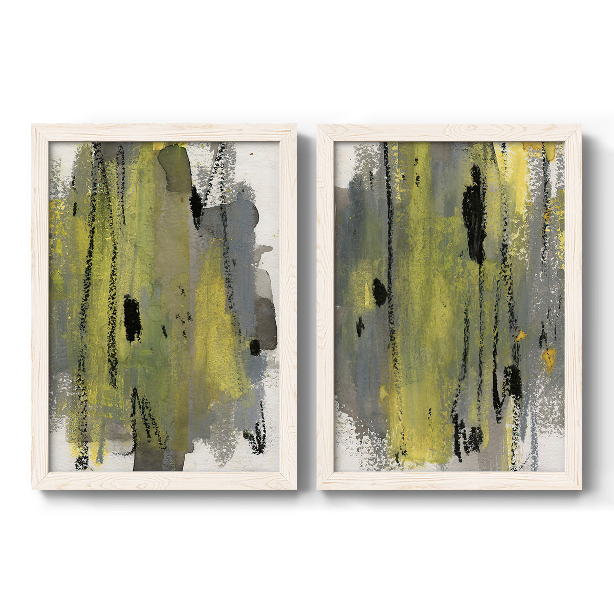 Set of two white barnwood framed canvas prints featuring two urban mixed-media abstracts featuring vertical abstract brush bands in changing muted palettes.