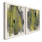 Angled view of a set of two white barnwood framed canvas prints featuring two urban mixed-media abstracts featuring vertical abstract brush bands in changing muted palettes.