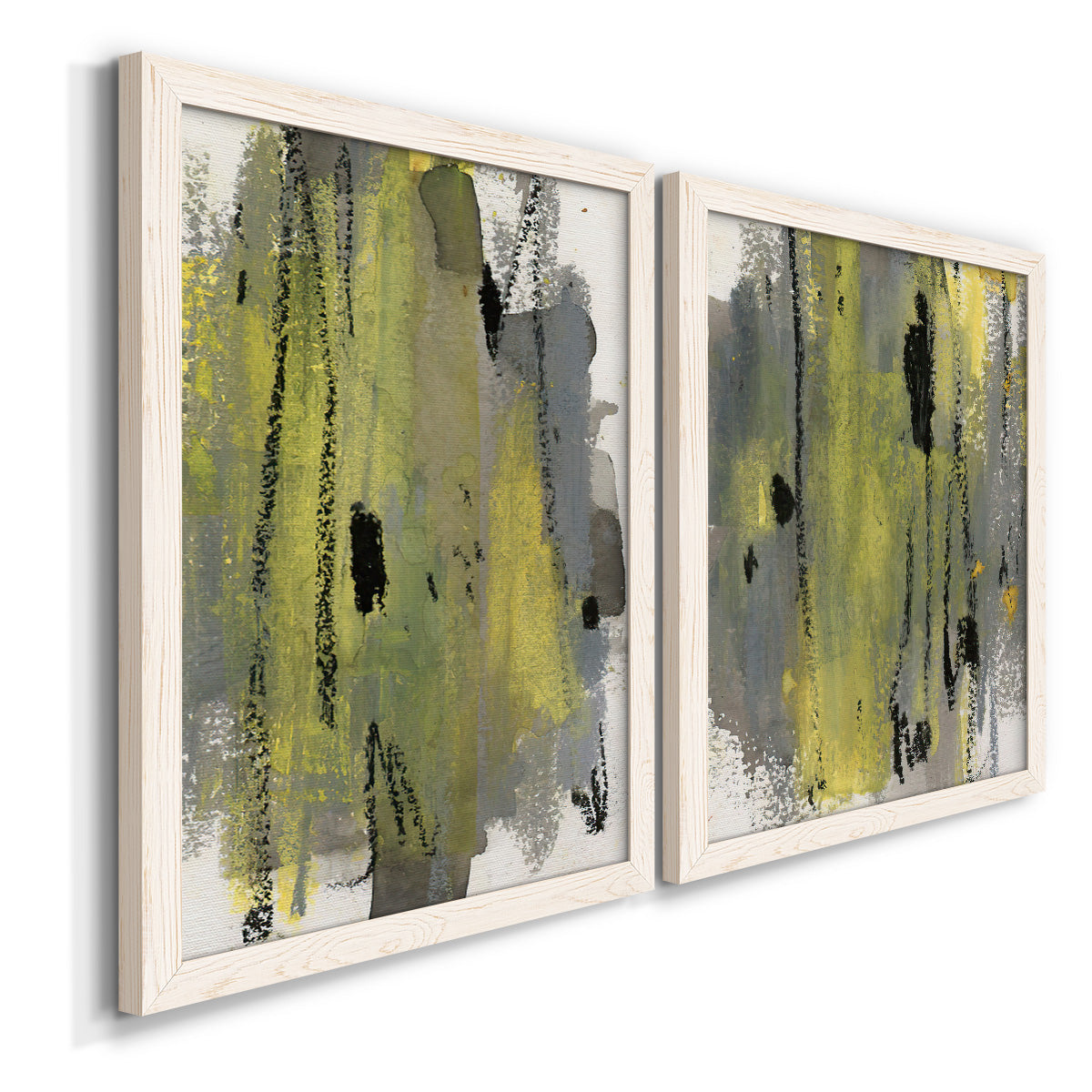 Angled view of a set of two white barnwood framed canvas prints featuring two urban mixed-media abstracts featuring vertical abstract brush bands in changing muted palettes.
