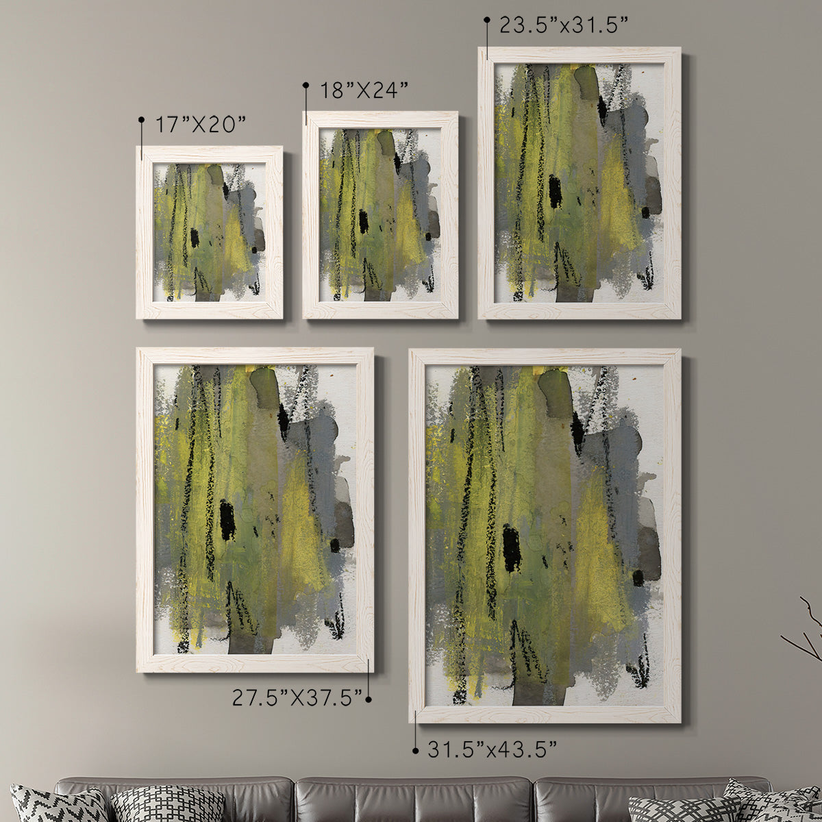Size comparison chart for a set of two white barnwood framed canvas prints.