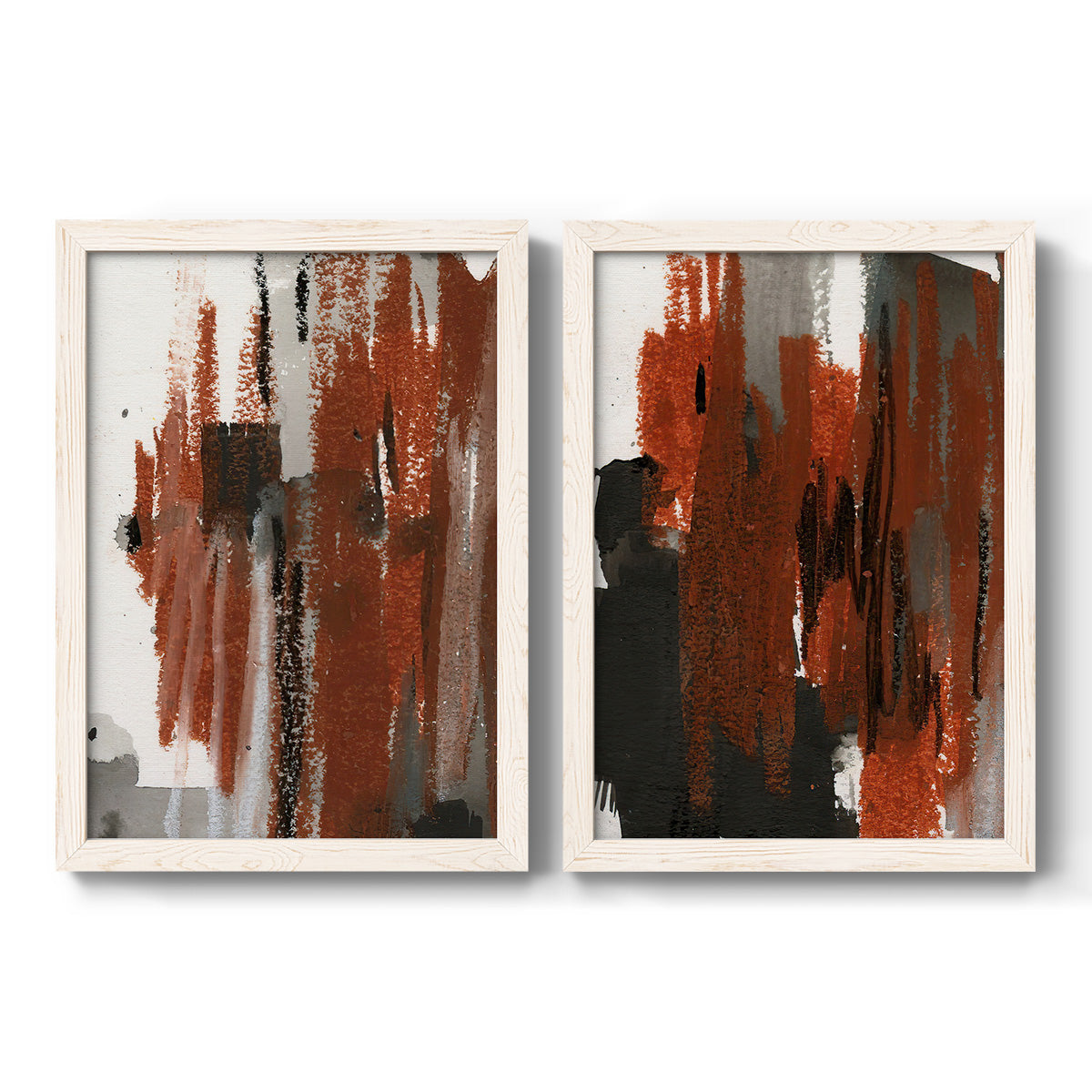 Set of two white barnwood framed canvas prints featuring two urban mixed-media abstracts featuring vertical abstract brush bands in changing muted palettes.