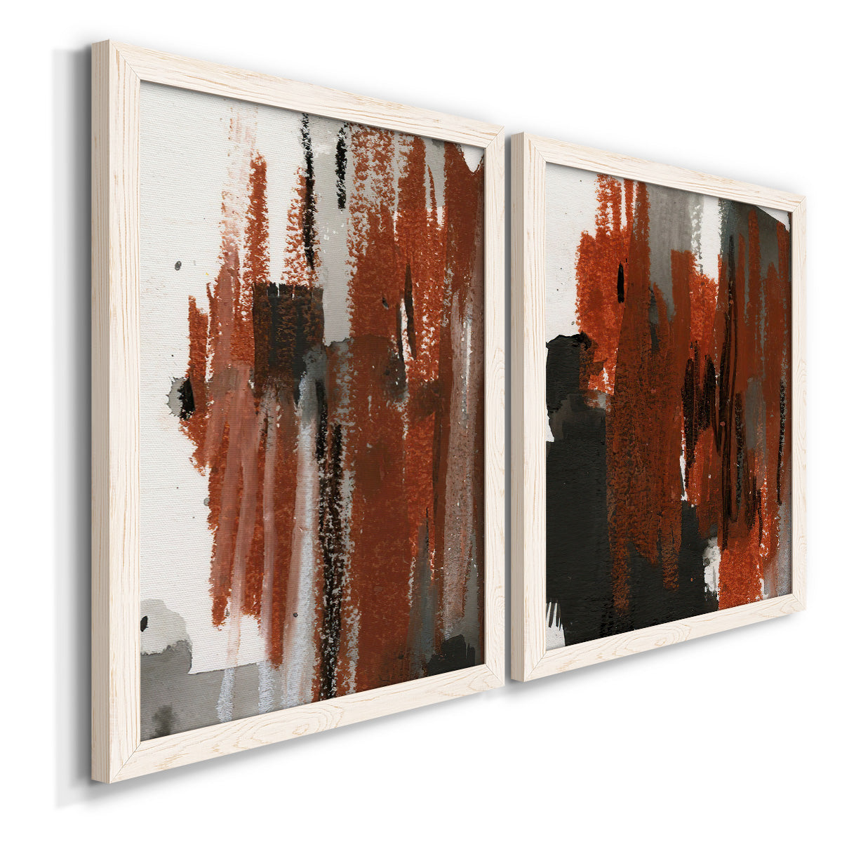Angled view of a set of two white barnwood framed canvas prints featuring two urban mixed-media abstracts featuring vertical abstract brush bands in changing muted palettes.