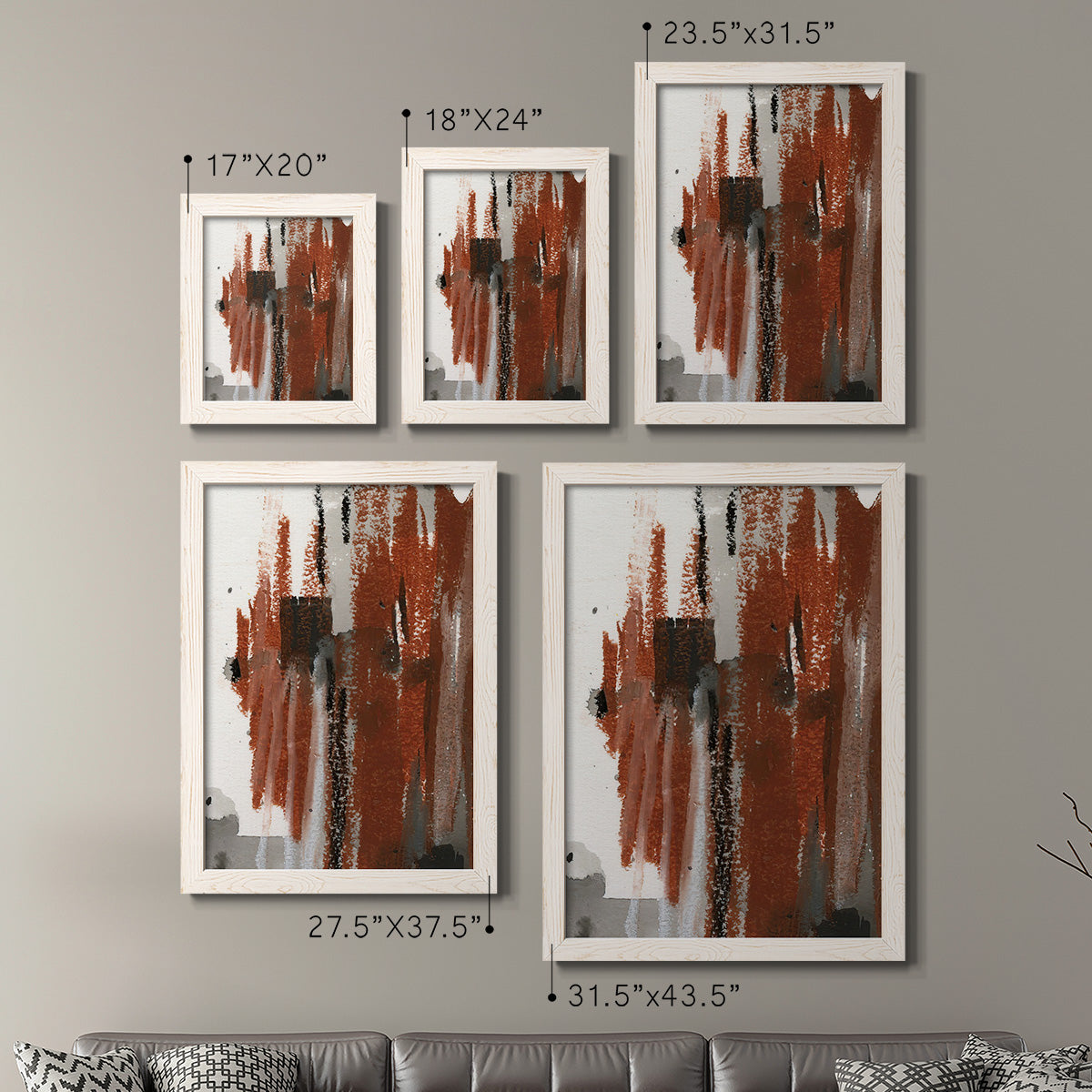 Size comparison chart for a set of two white barnwood framed canvas prints.