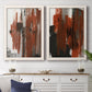 Set of two white barnwood framed canvas prints depicting a coordinated art pair of vertical abstract brush bands in changing muted palettes rendered as urban mixed-media abstracts above a dining room sideboard.