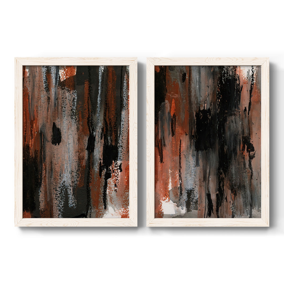 Set of two white barnwood framed canvas prints featuring two urban mixed-media abstracts featuring vertical abstract brush bands in changing muted palettes.