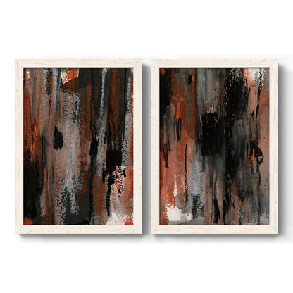 Set of two white barnwood framed canvas prints featuring two urban mixed-media abstracts featuring vertical abstract brush bands in changing muted palettes.