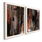 Angled view of a set of two white barnwood framed canvas prints featuring two urban mixed-media abstracts featuring vertical abstract brush bands in changing muted palettes.