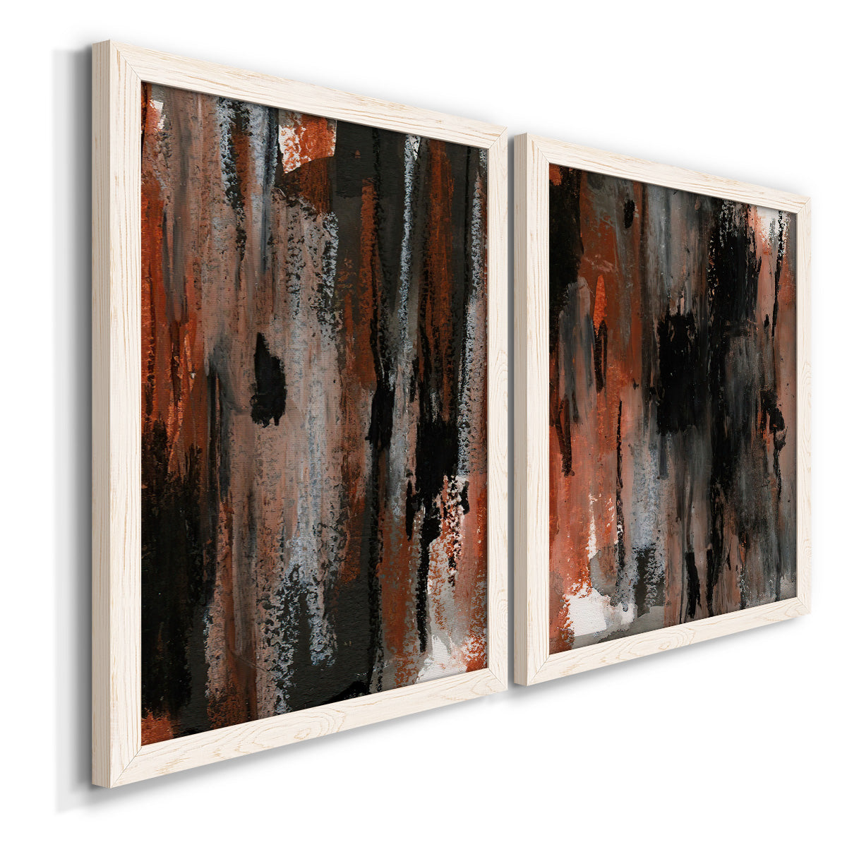 Angled view of a set of two white barnwood framed canvas prints featuring two urban mixed-media abstracts featuring vertical abstract brush bands in changing muted palettes.