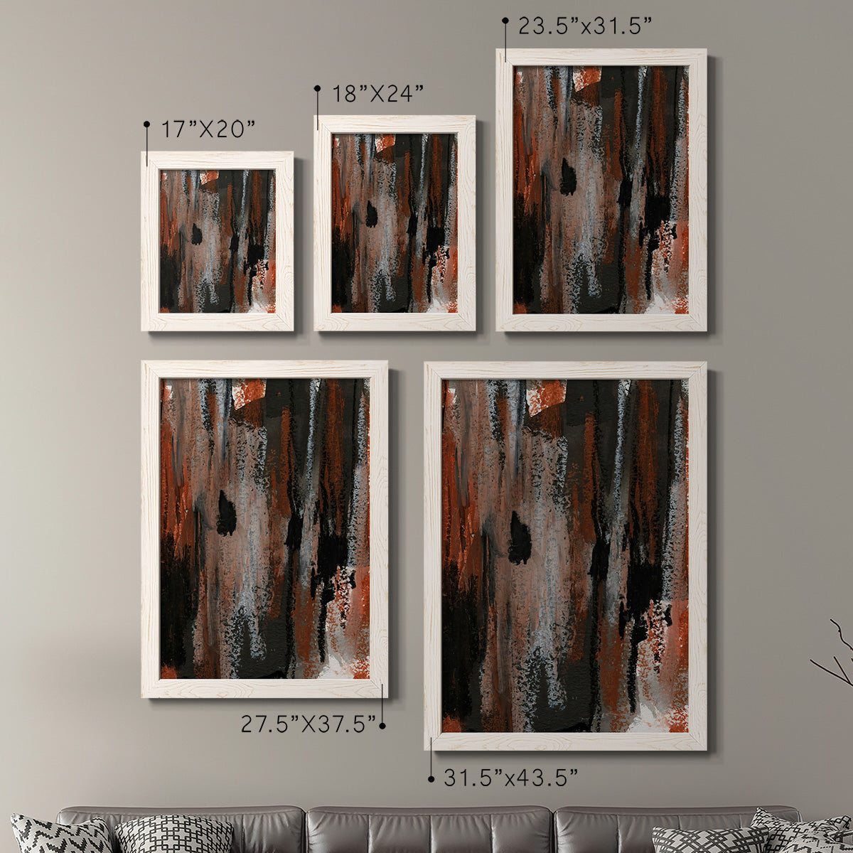Size comparison chart for a set of two white barnwood framed canvas prints.