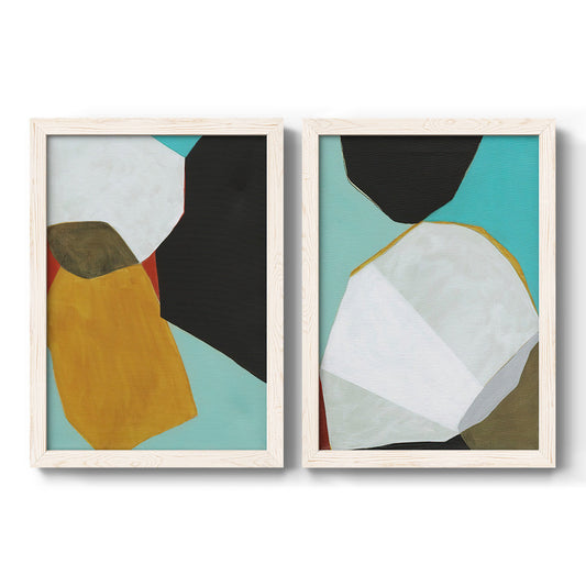 Set of two white barnwood framed canvas prints featuring two modern graphic abstracts featuring oversized white mustard black and turquoise polygonal forms.