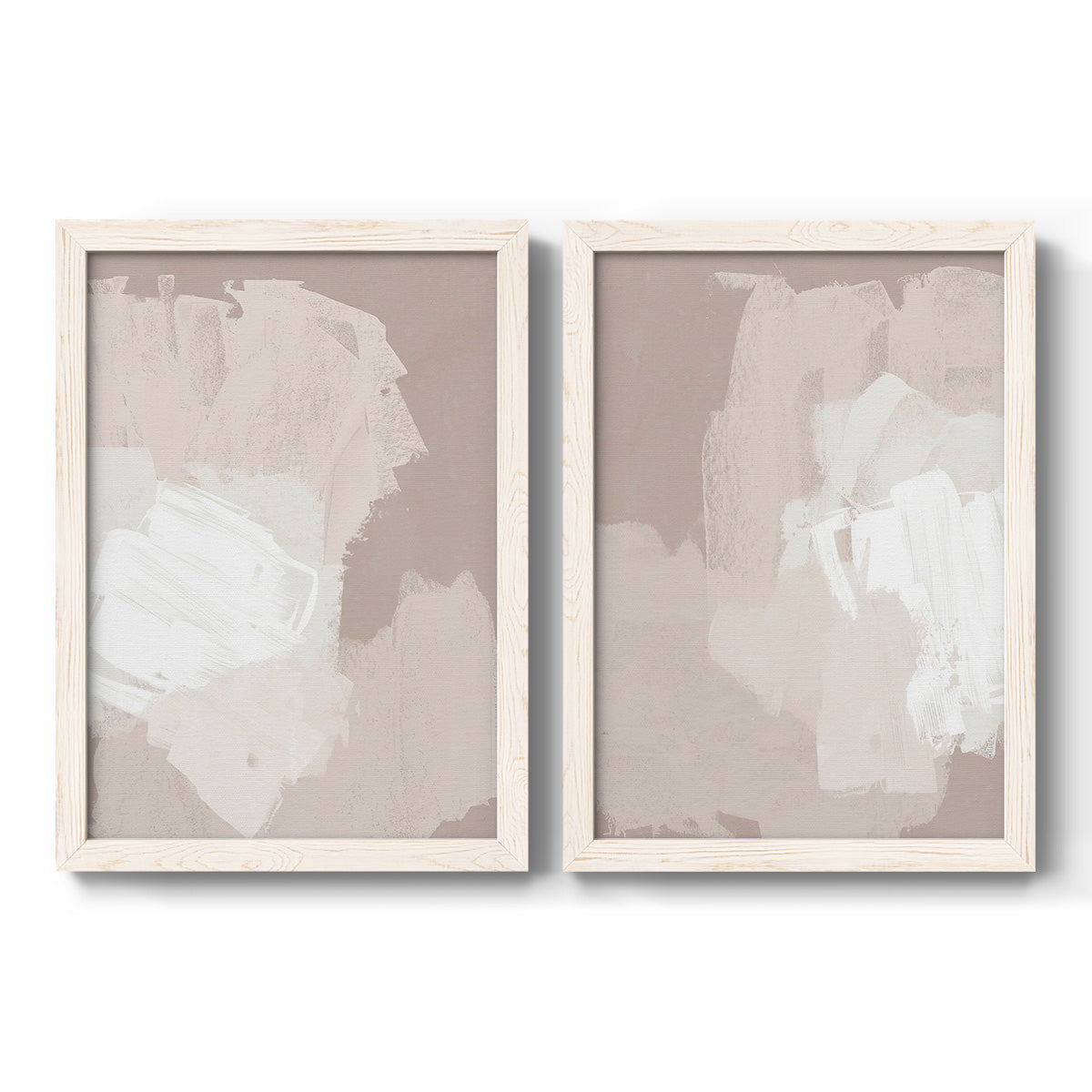 Set of two white barnwood framed canvas prints featuring two neutral minimalist abstracts featuring soft taupe blush and white paint blocks.