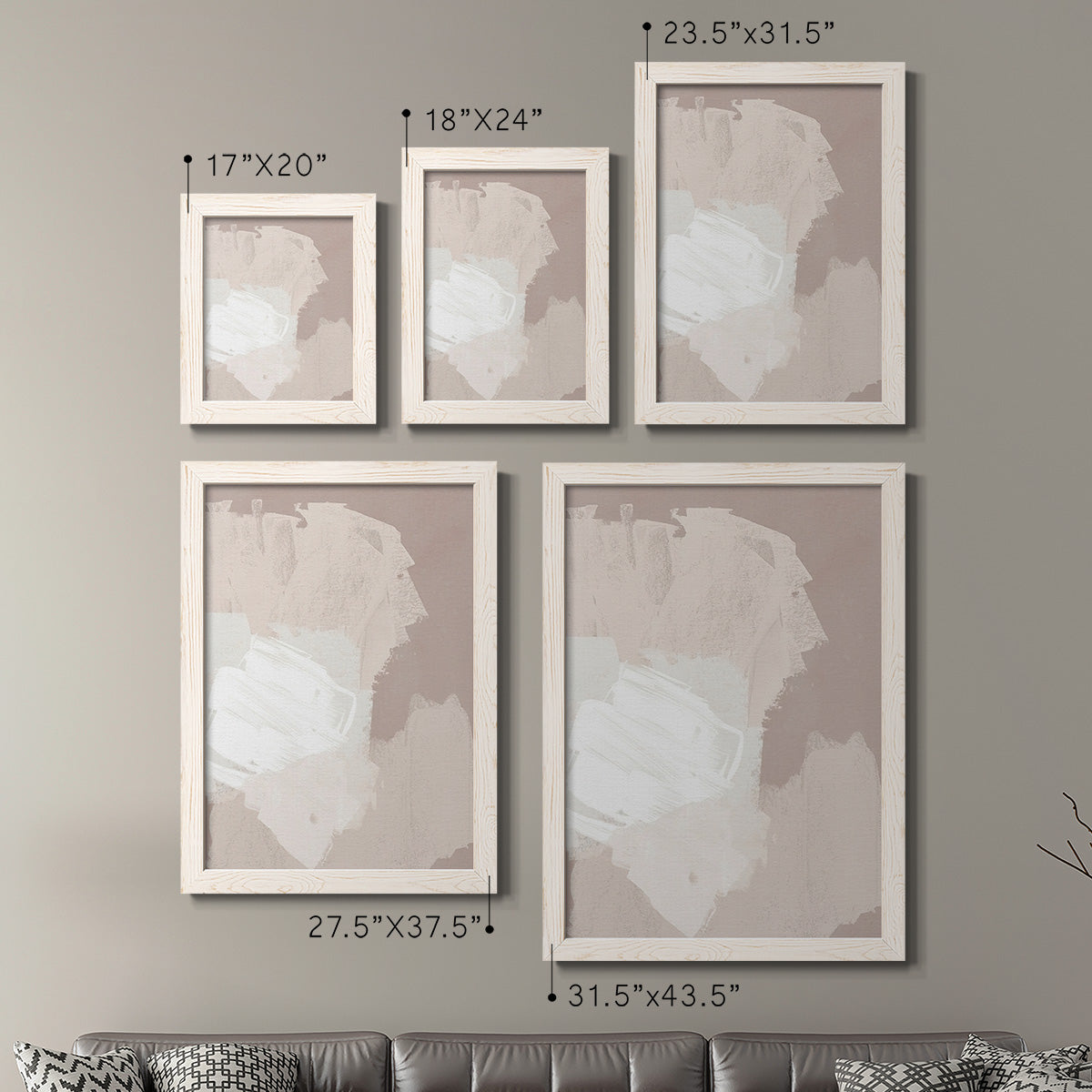 Size comparison chart for a set of two white barnwood framed canvas prints.