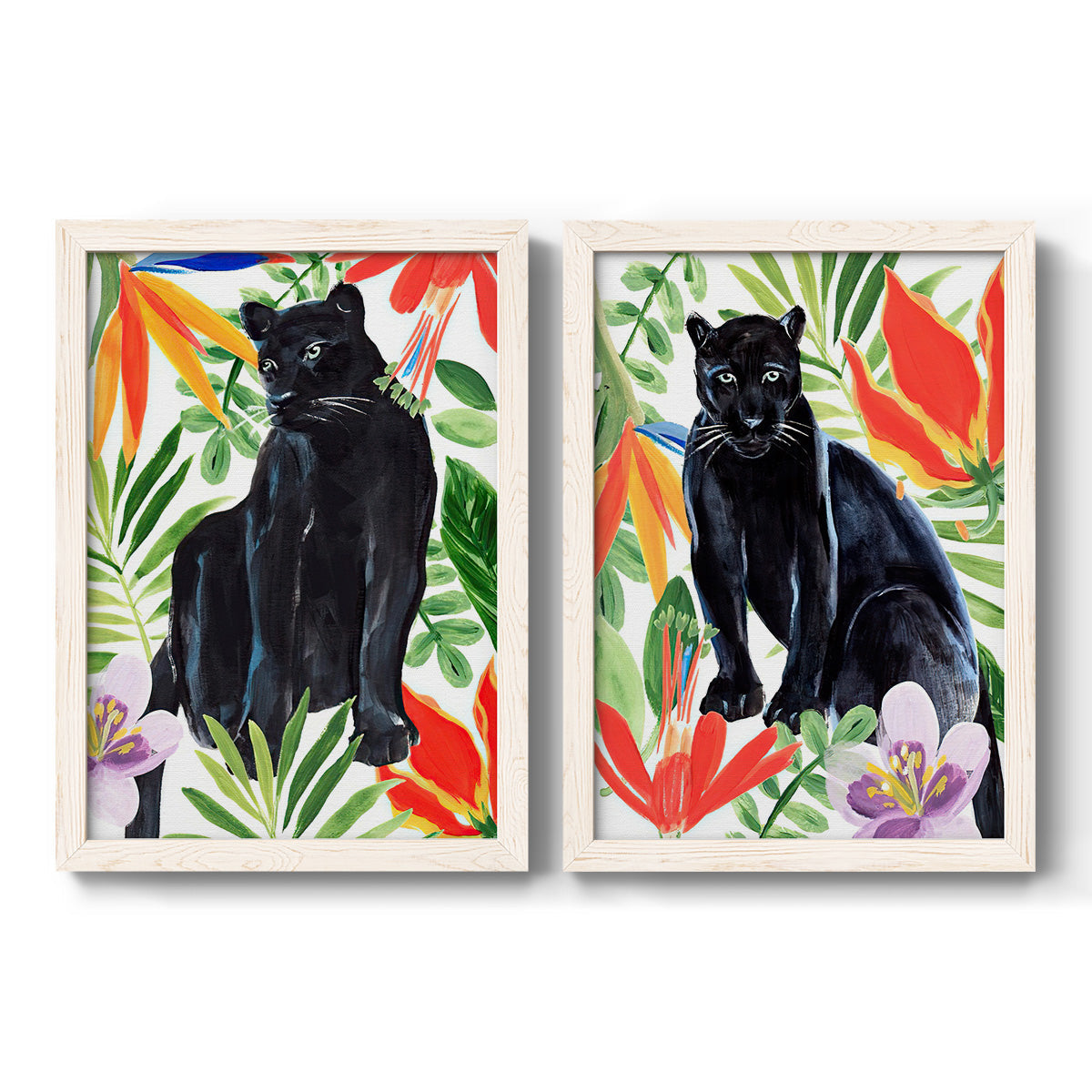 Set of two white barnwood framed canvas prints featuring two vibrant watercolor wildlife illustrations featuring black panthers surrounded by colorful tropical foliage.