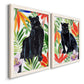 Angled view of a set of two white barnwood framed canvas prints featuring two vibrant watercolor wildlife illustrations featuring black panthers surrounded by colorful tropical foliage.