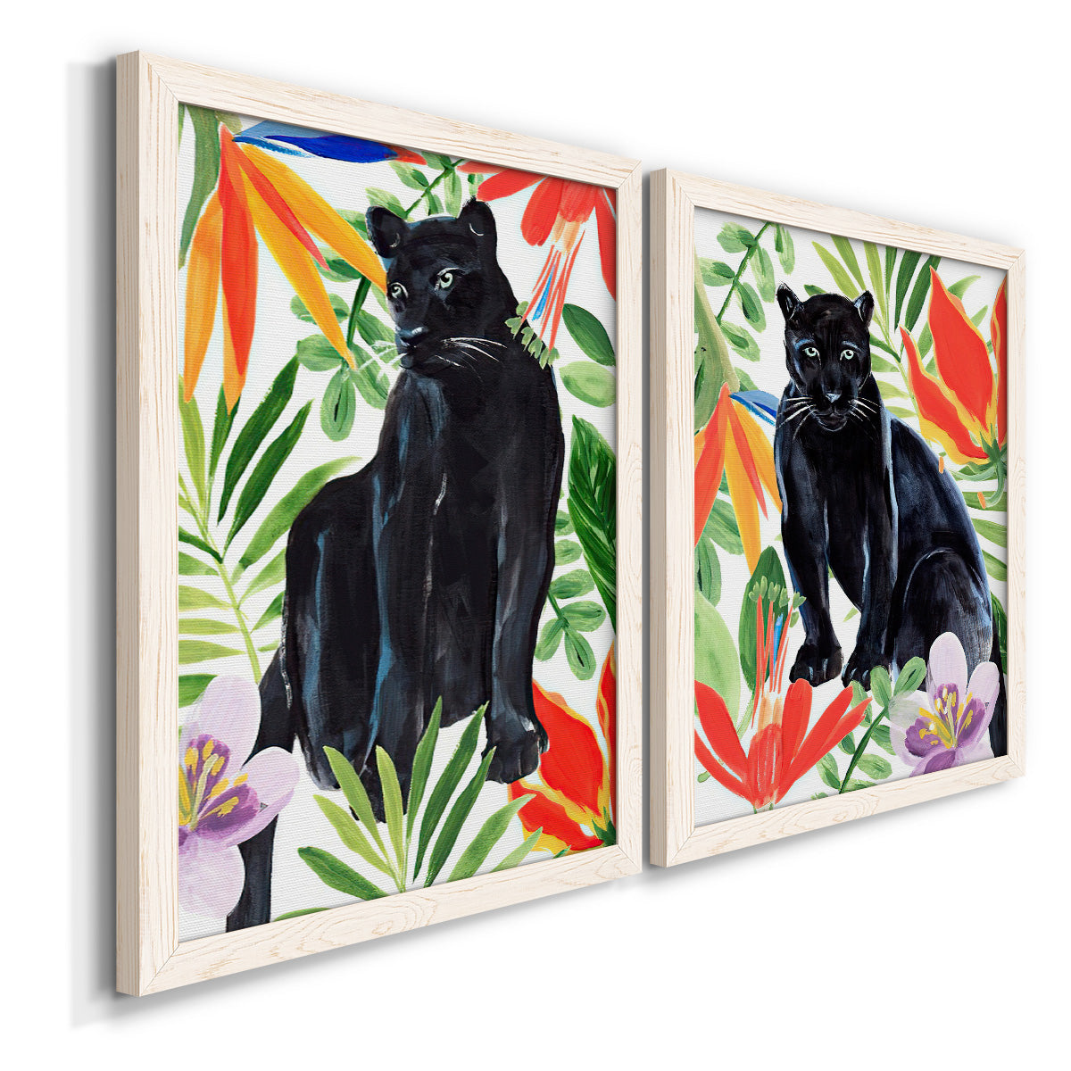 Angled view of a set of two white barnwood framed canvas prints featuring two vibrant watercolor wildlife illustrations featuring black panthers surrounded by colorful tropical foliage.