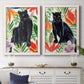 Set of two white barnwood framed canvas prints depicting a coordinated art pair of black panthers surrounded by colorful tropical foliage rendered as vibrant watercolor wildlife illustrations above a dining room sideboard.