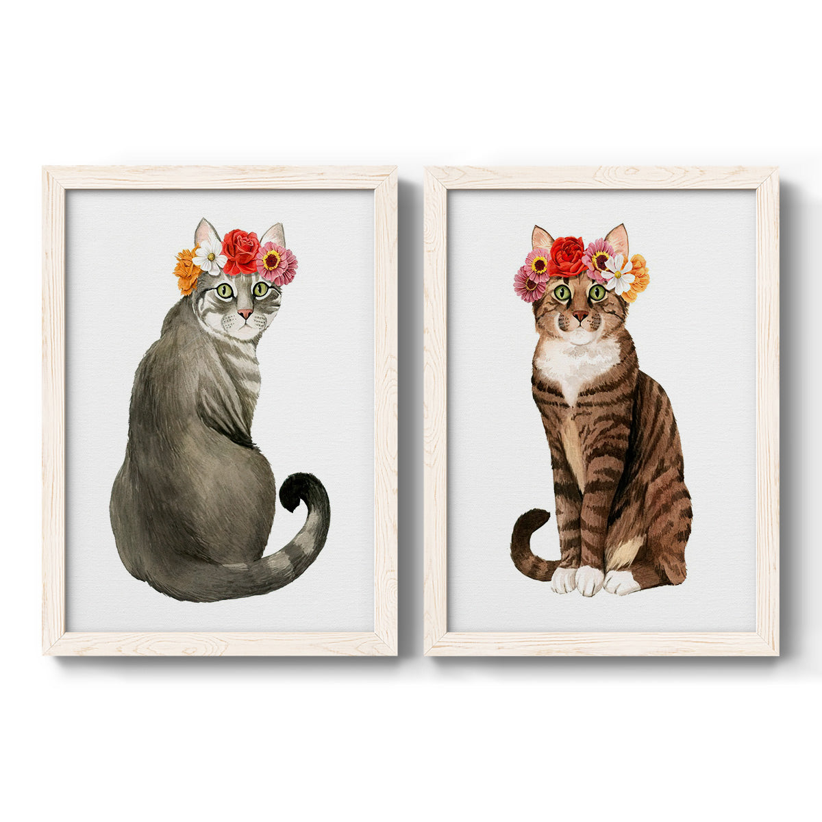 Set of two white barnwood framed canvas prints featuring two whimsical animal portraits featuring seated cats wearing colorful flower crowns.
