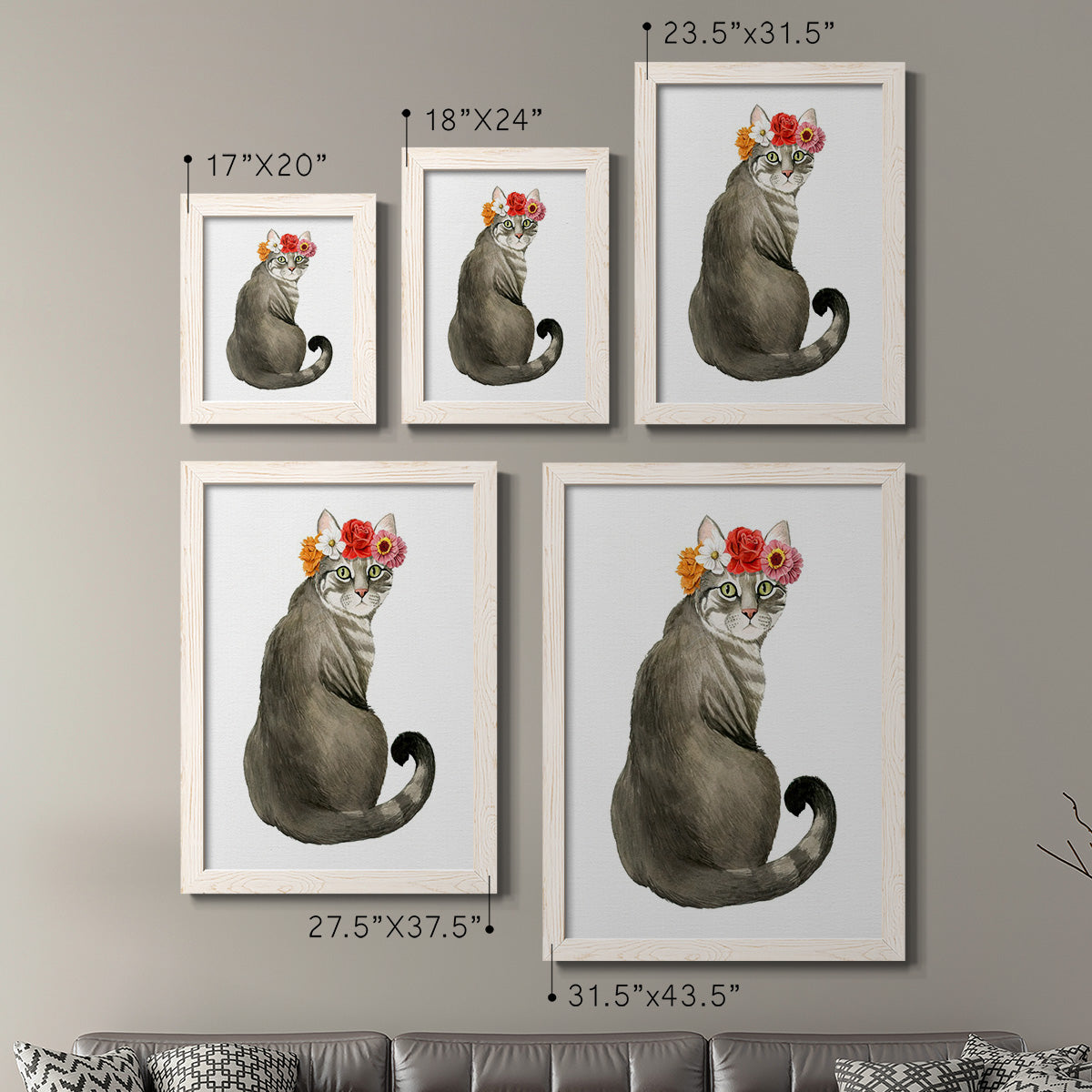 Size comparison chart for a set of two white barnwood framed canvas prints.