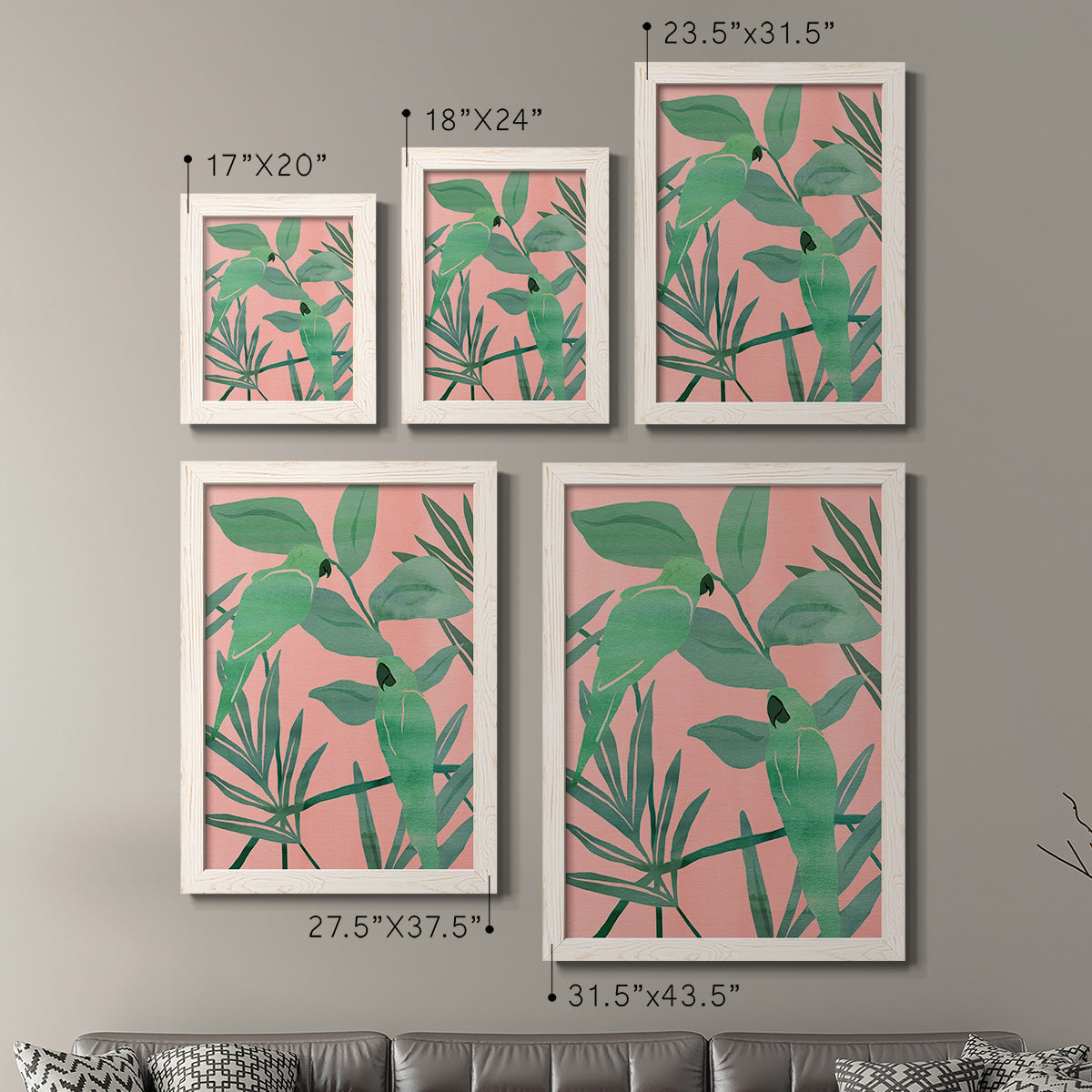 Size comparison chart for a set of two white barnwood framed canvas prints.