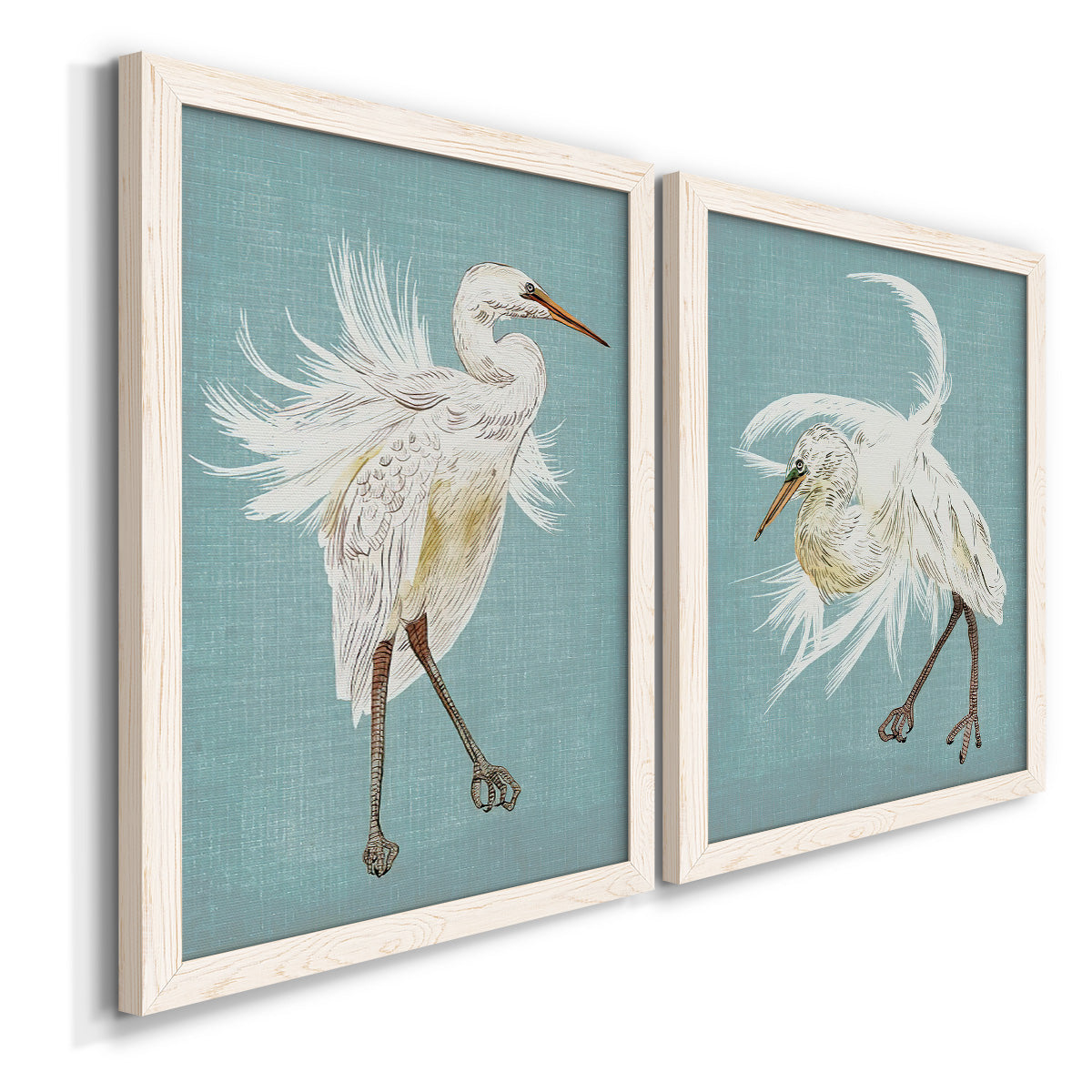 Angled view of a set of two white barnwood framed canvas prints featuring two decorative bird illustrations featuring white herons displaying long windswept feathers.