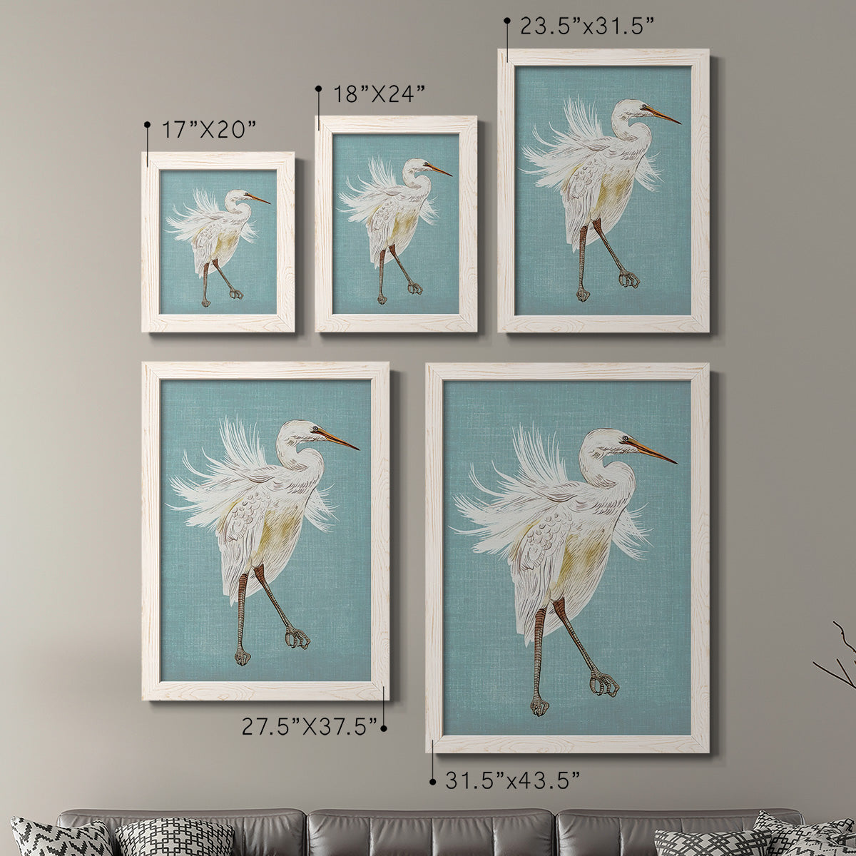 Size comparison chart for a set of two white barnwood framed canvas prints.