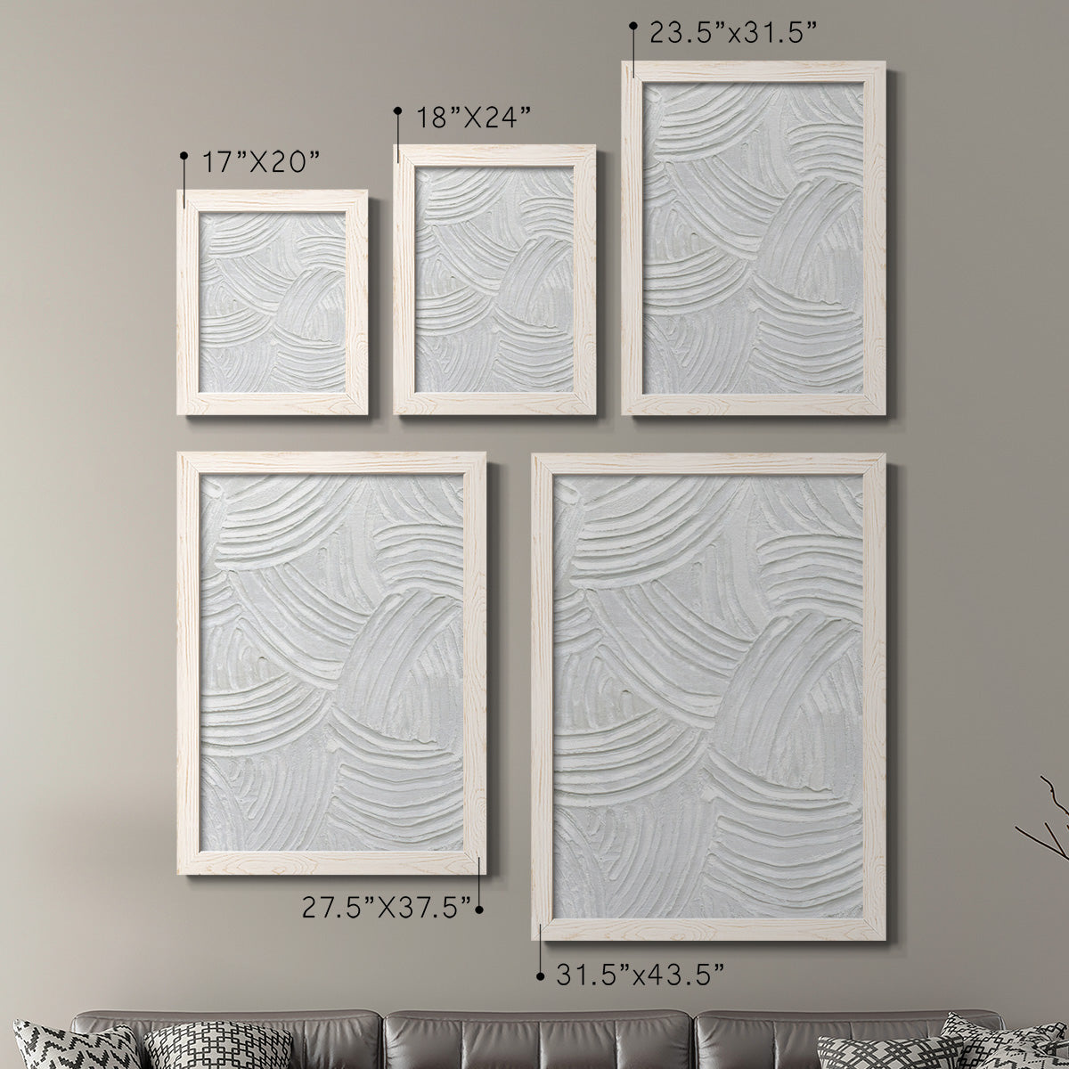 Size comparison chart for a set of two white barnwood framed canvas prints.