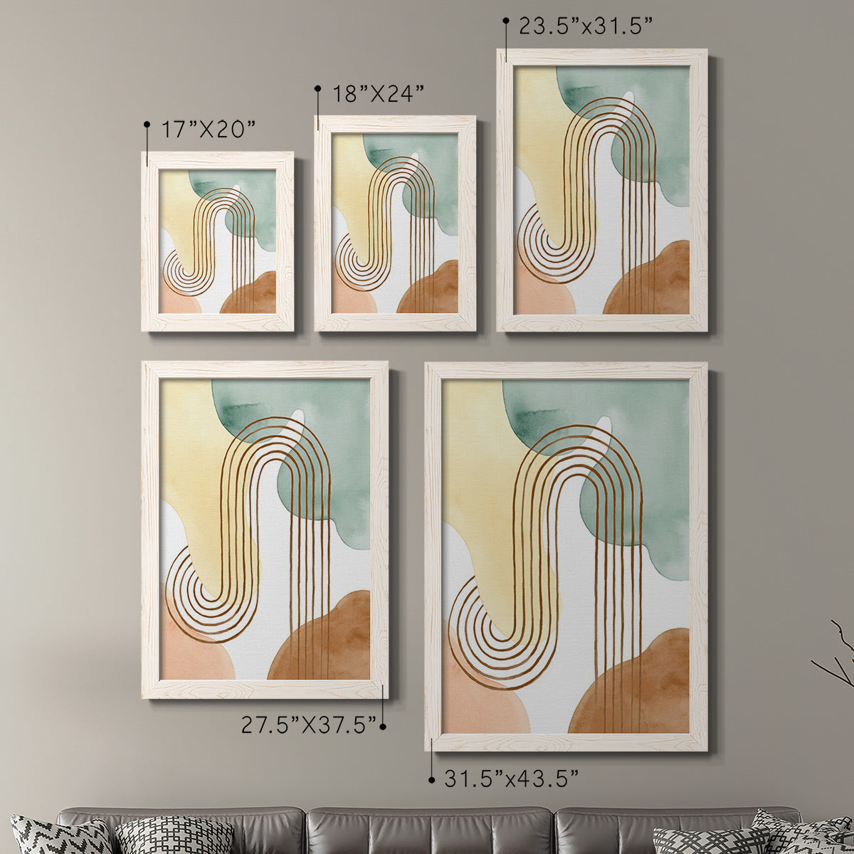 Size comparison chart for a set of two white barnwood framed canvas prints.