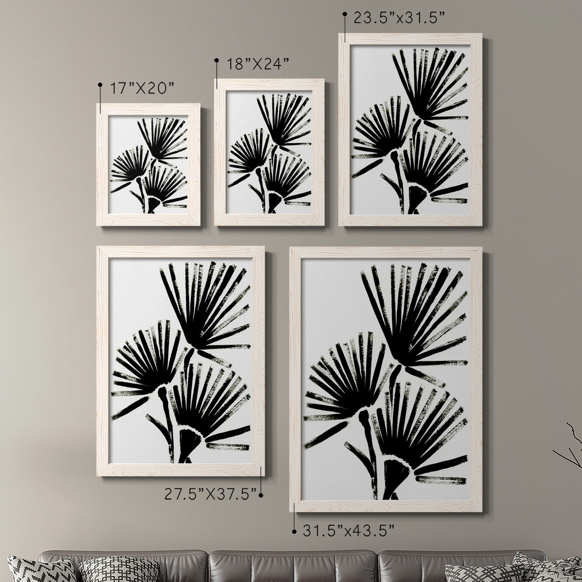 Size comparison chart for a set of two white barnwood framed canvas prints.
