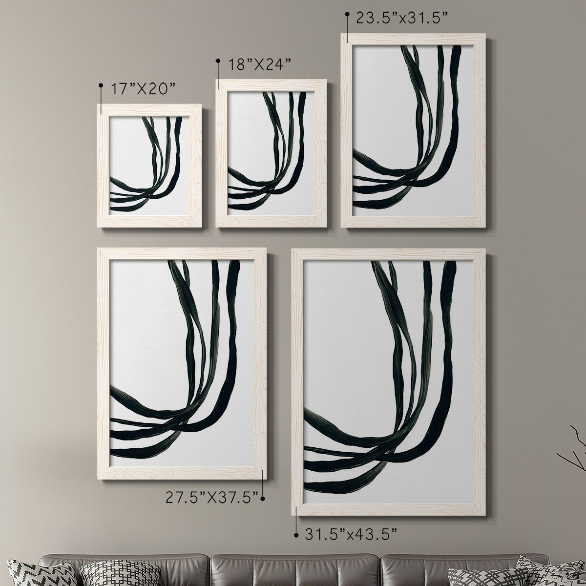 Size comparison chart for a set of two white barnwood framed canvas prints.