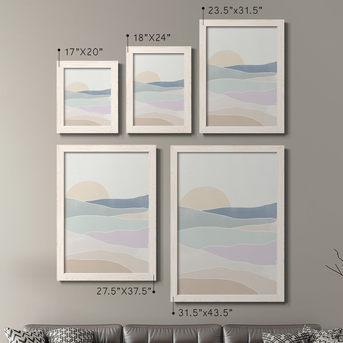 Size comparison chart for a set of two white barnwood framed canvas prints.