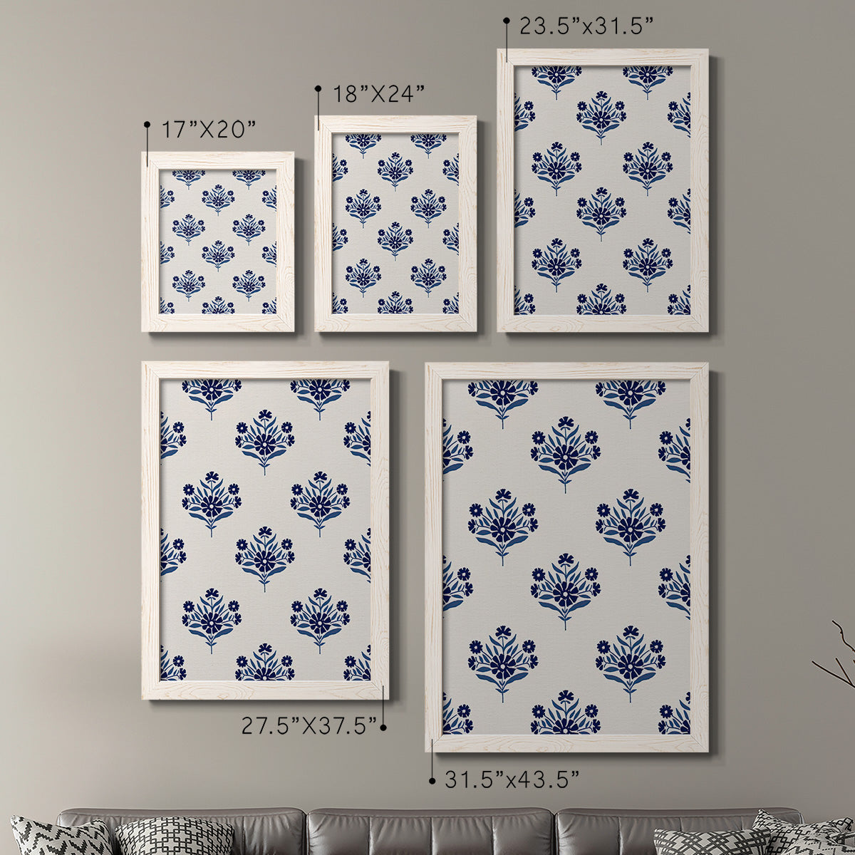 Size comparison chart for a set of two white barnwood framed canvas prints.